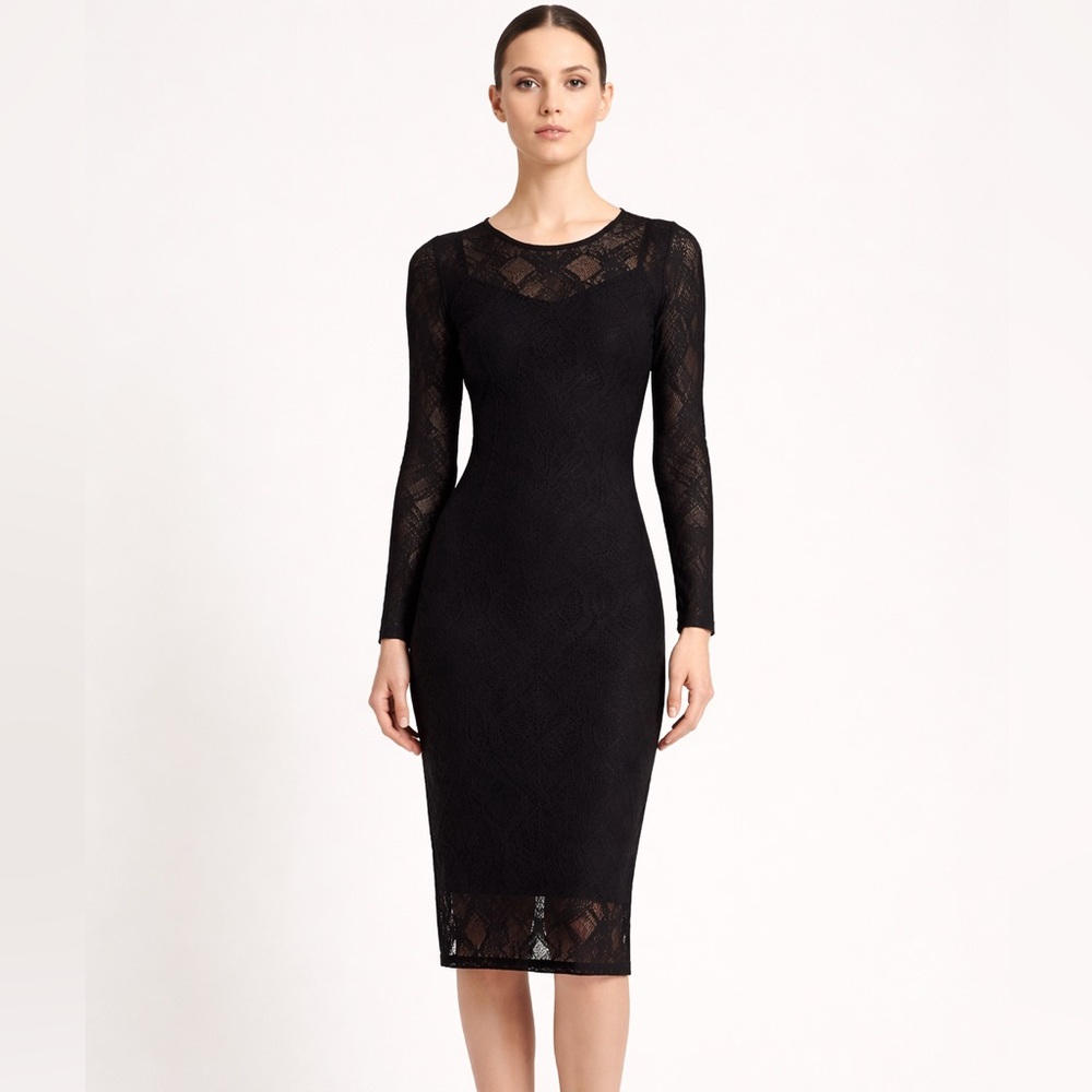 Fuzzi Black Lace Midi Dress Sheer Sleeve Mesh Bodycon Italy Small